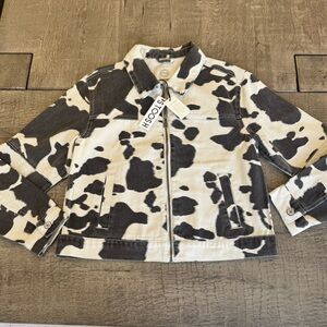 Stoosh Cow Print Denim Jacket Size Large NWT Western Statement Zip Jacket